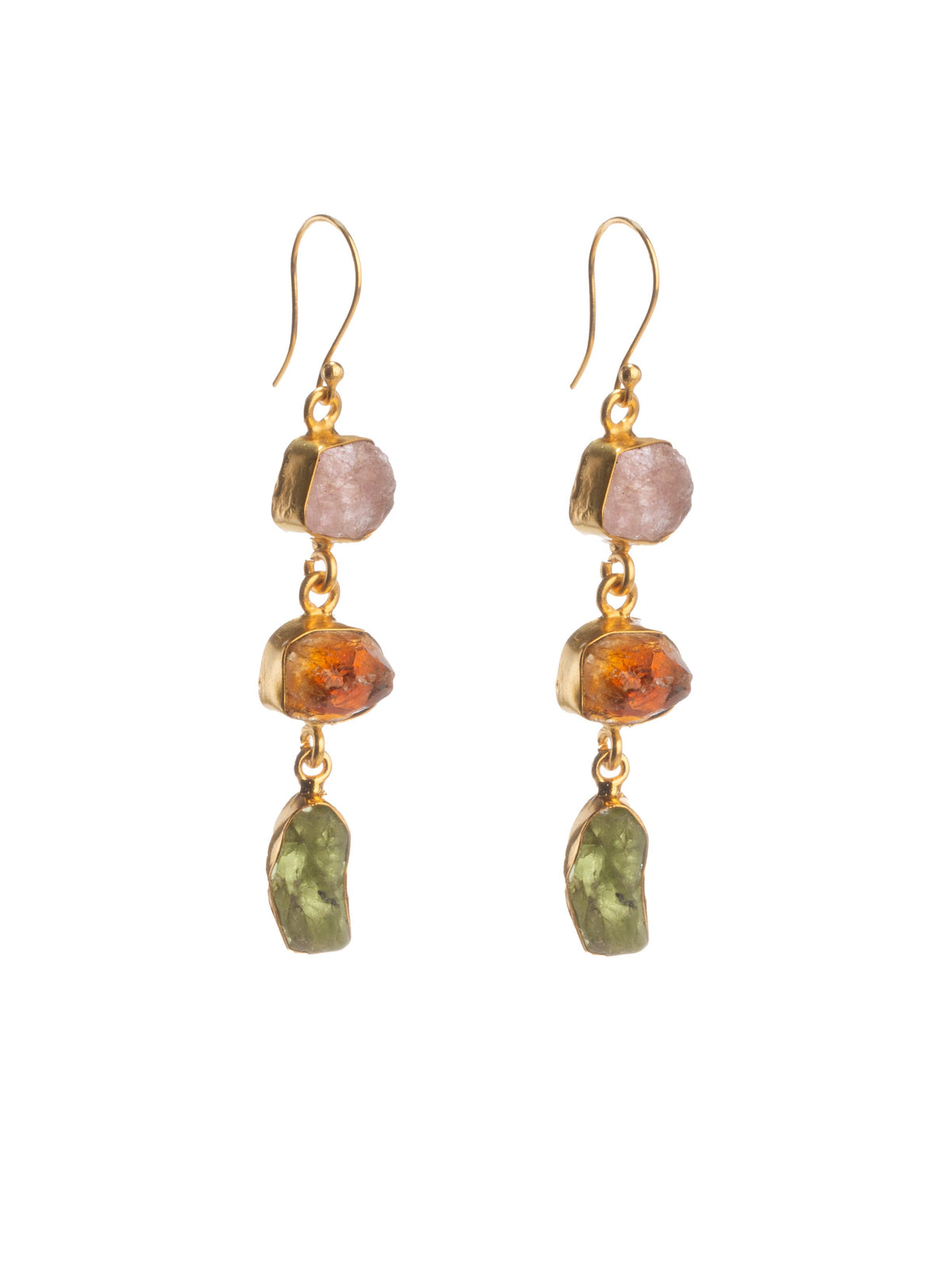 Gold Luxe earrings - triple drop gems rose quartz, citrine & peridot