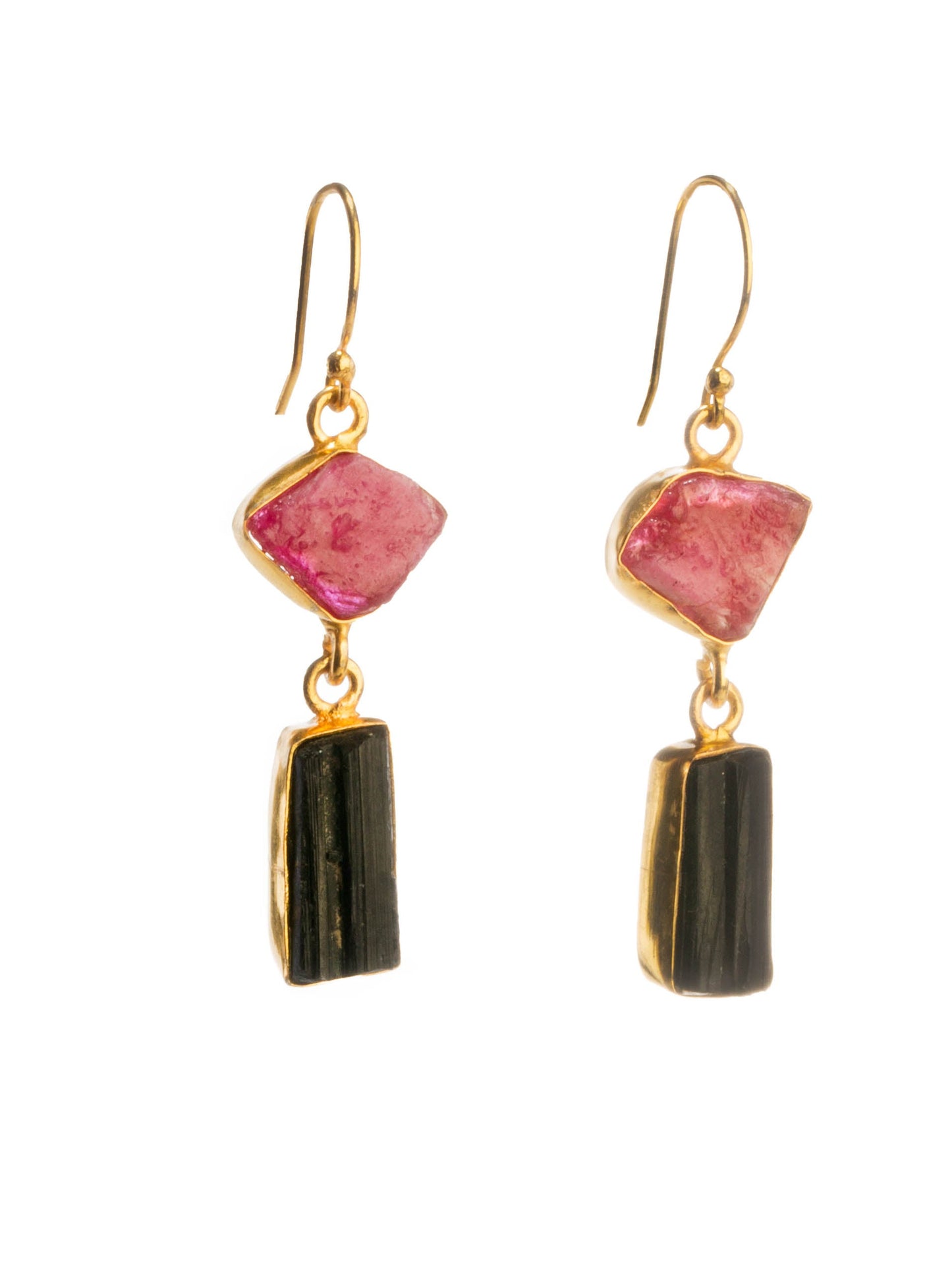 Gold Luxe earrings - ruby and tourmaline double drop dangles