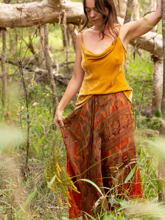 Silk Sari Skirt Burnt Ember with gold coloured velvet cami
