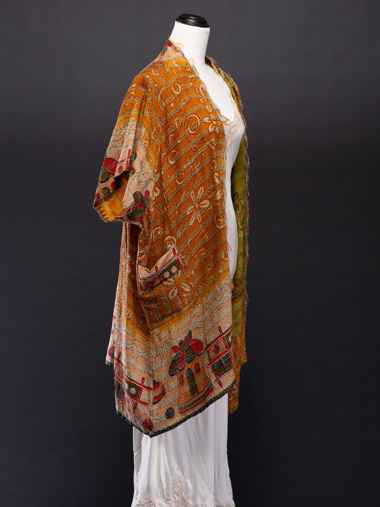 Village Scene — Reversible Silk Kantha Kimono