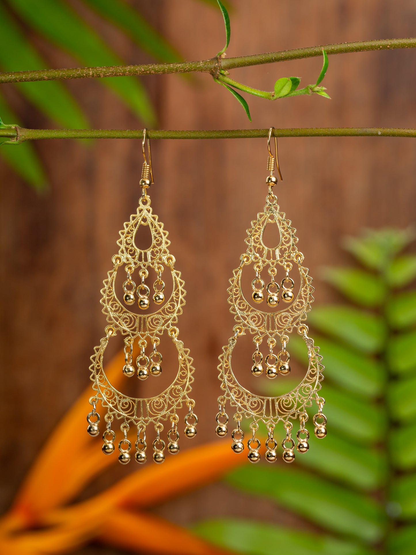 Layers of gold lace scallops with tiny bells earrings