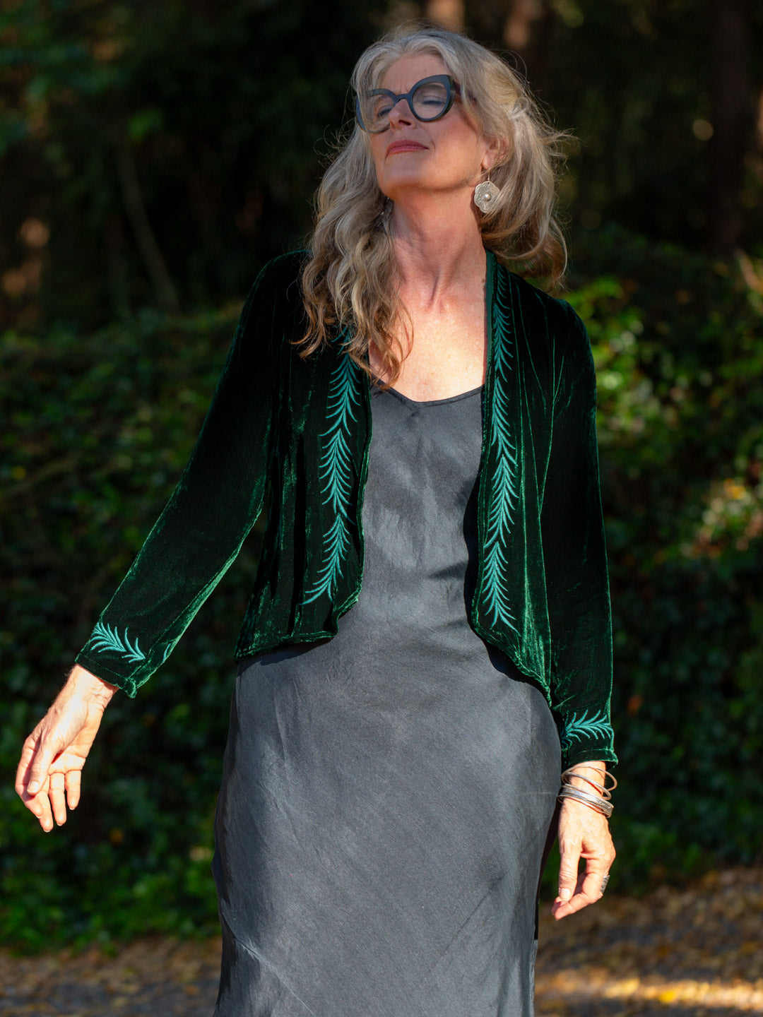 Audrey Silk Velvet Embroidered Jacket Emerald