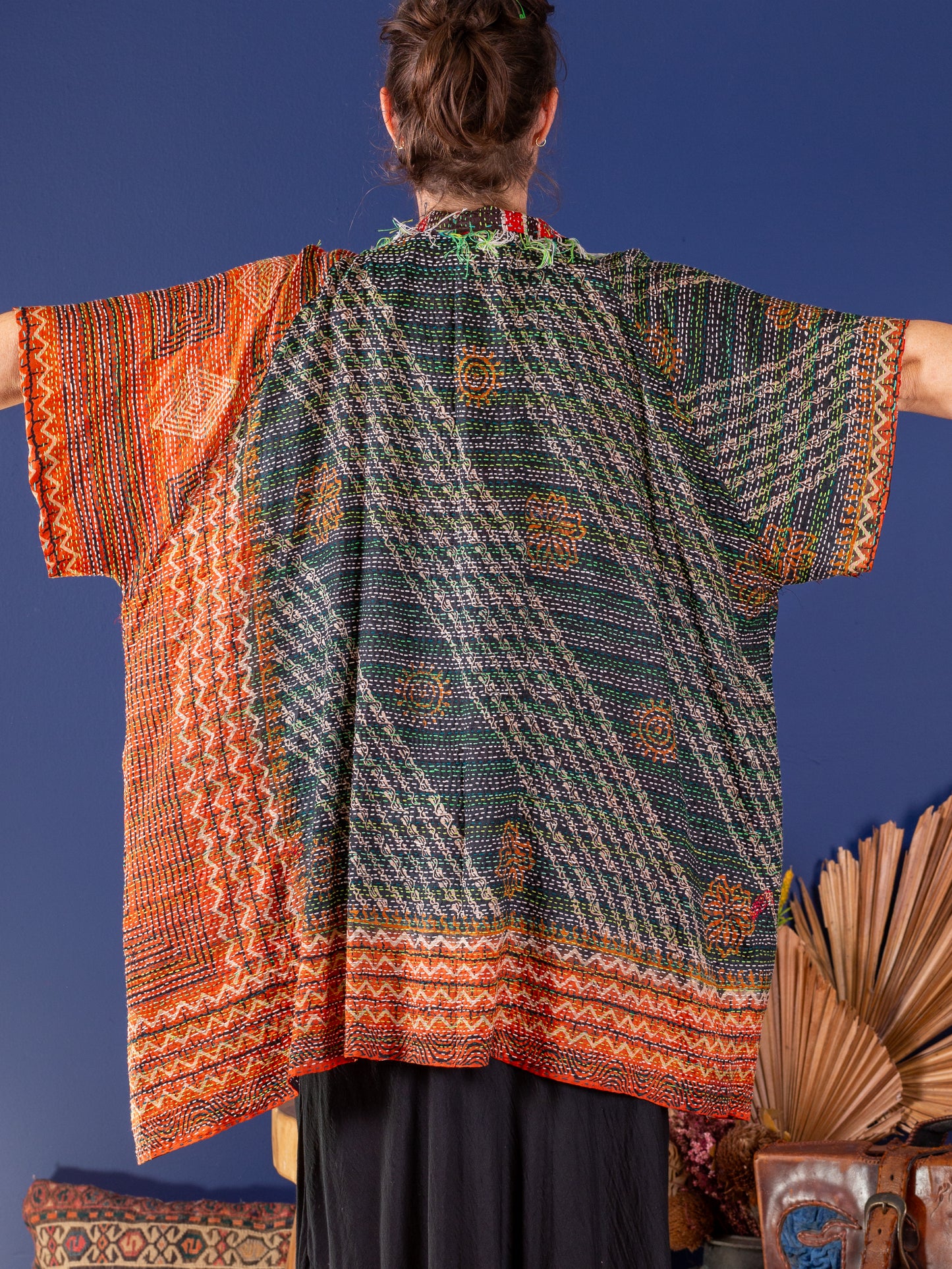 Kimono - silk reversible featuring hand stitching and pockets - oversized - Ocean and earth
