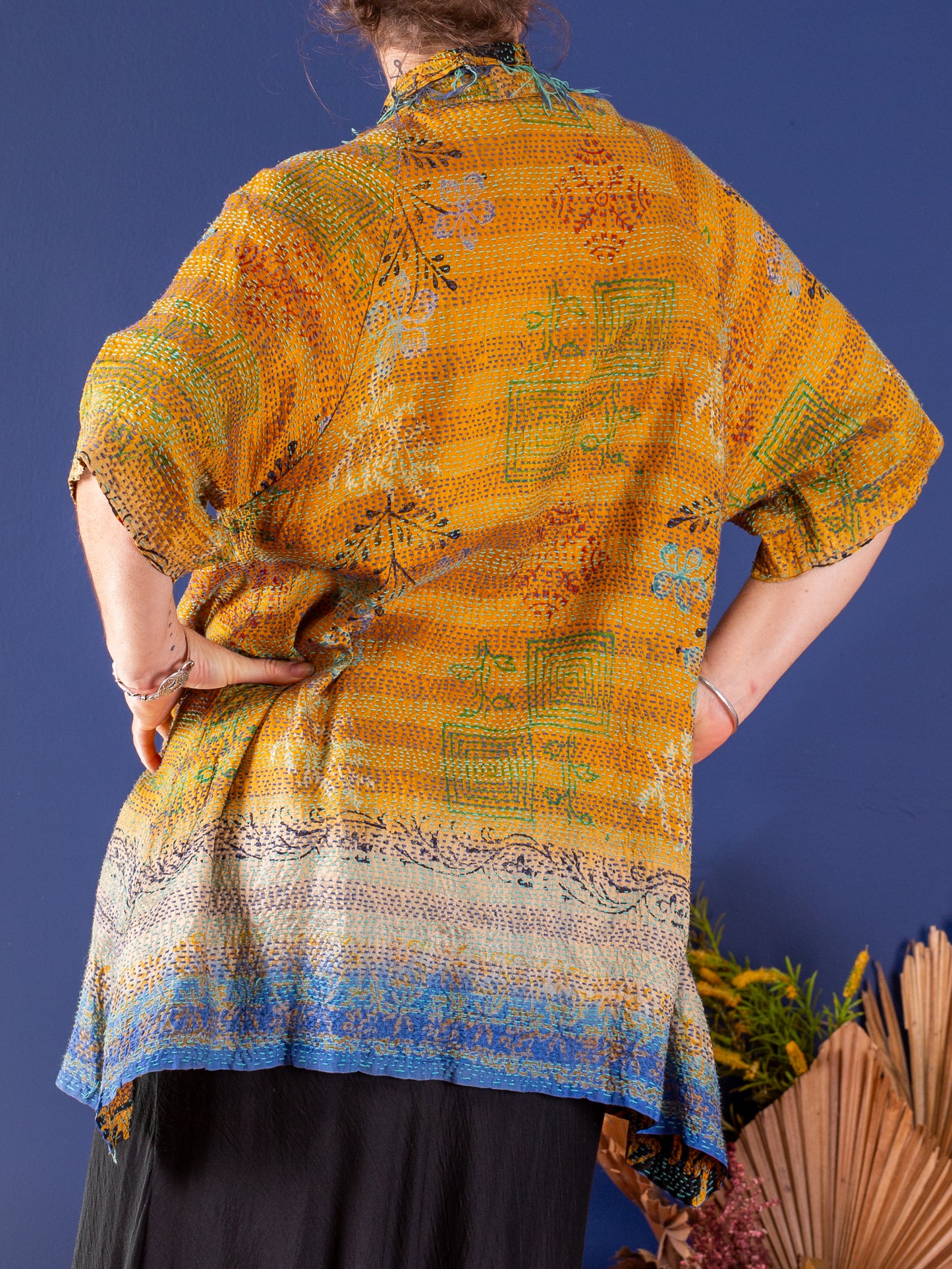Tan & Turquoise — Reversible Silk Kantha Kimono