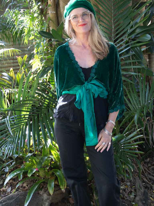 Silk velvet tie top in noelle green