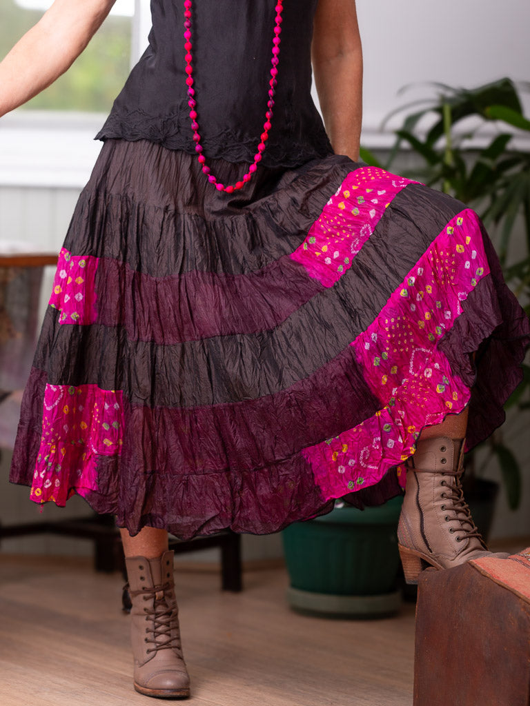 Silk layered skirt in chocolate and wine tones