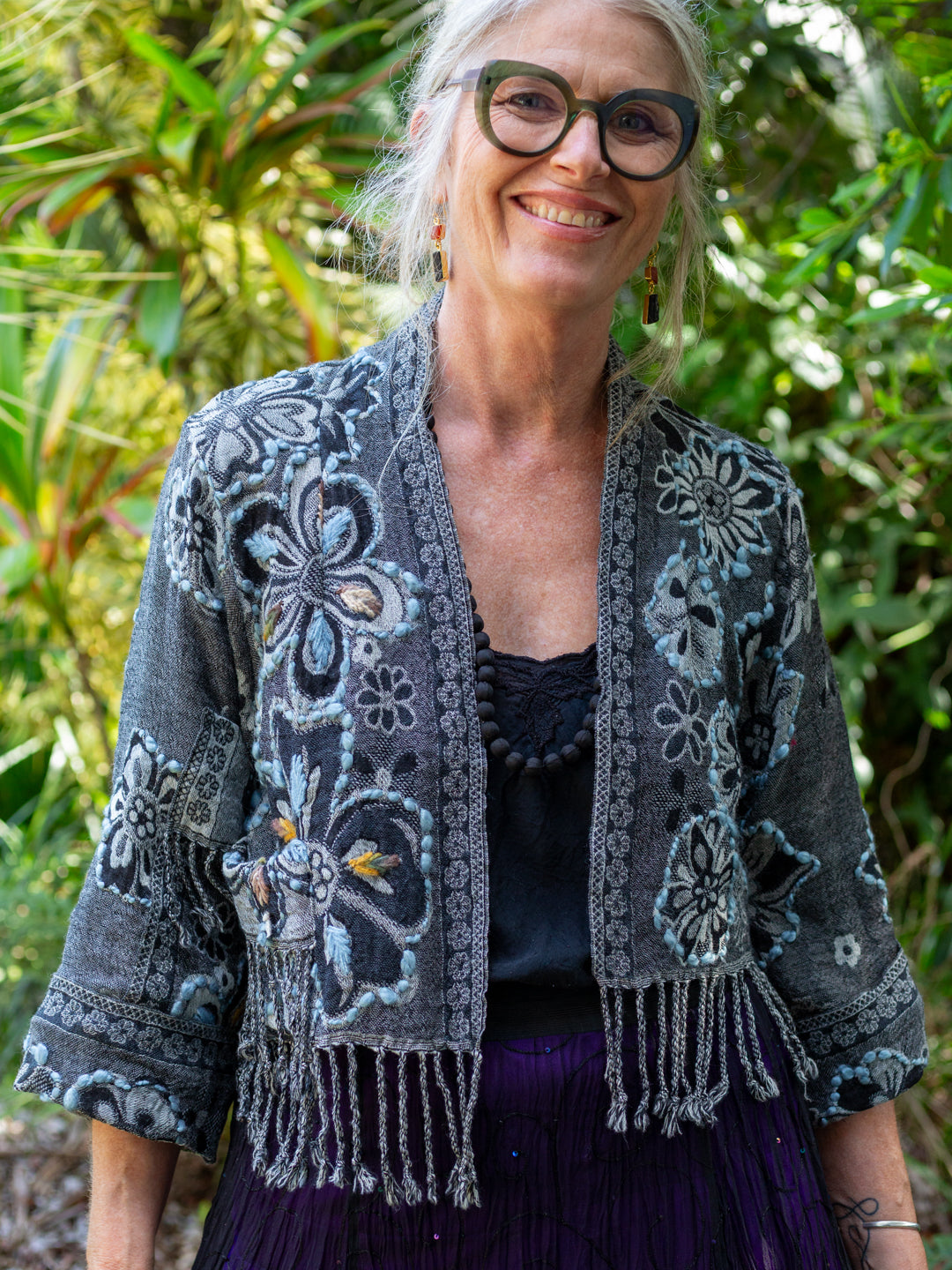 Kashmiri soft fringed wool jacket. Ashen Bloom size 10