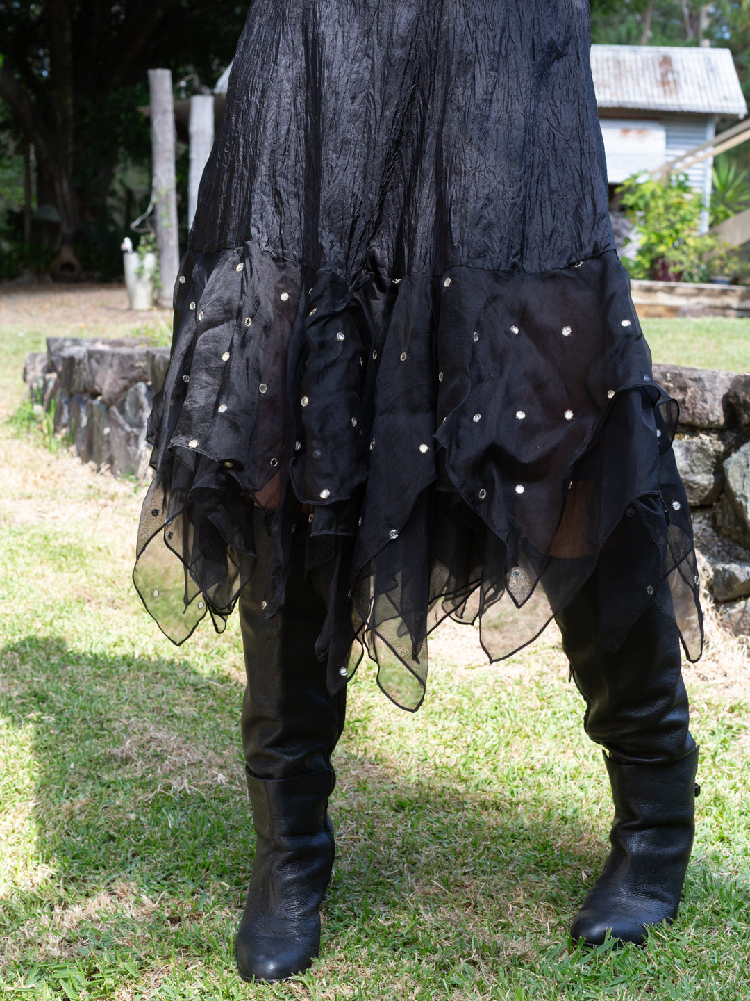 Silk & Sheer Tiered Ruffle Skirt "Dotty Reveller"