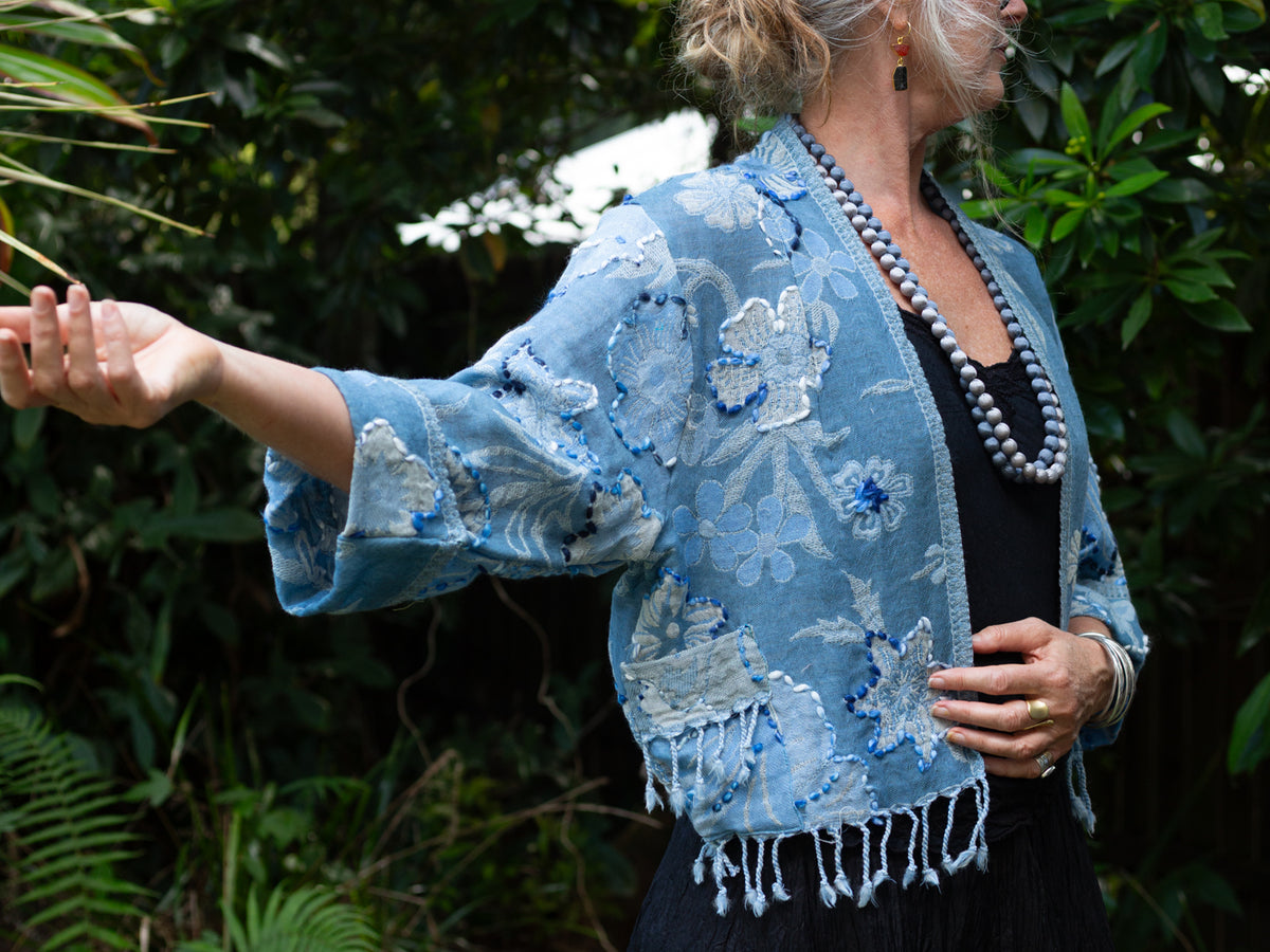 Kashmiri soft fringed wool jacket. Blue Blossom Size 14