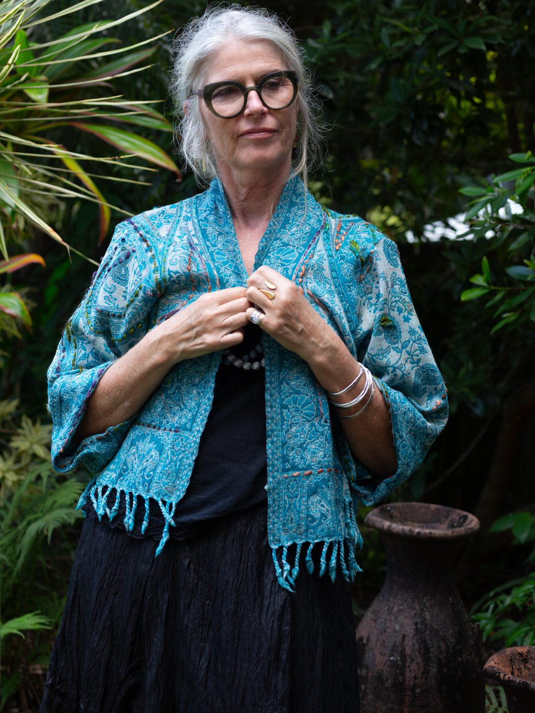 Kashmiri soft fringed wool jacket. Peacock Pride Size 14