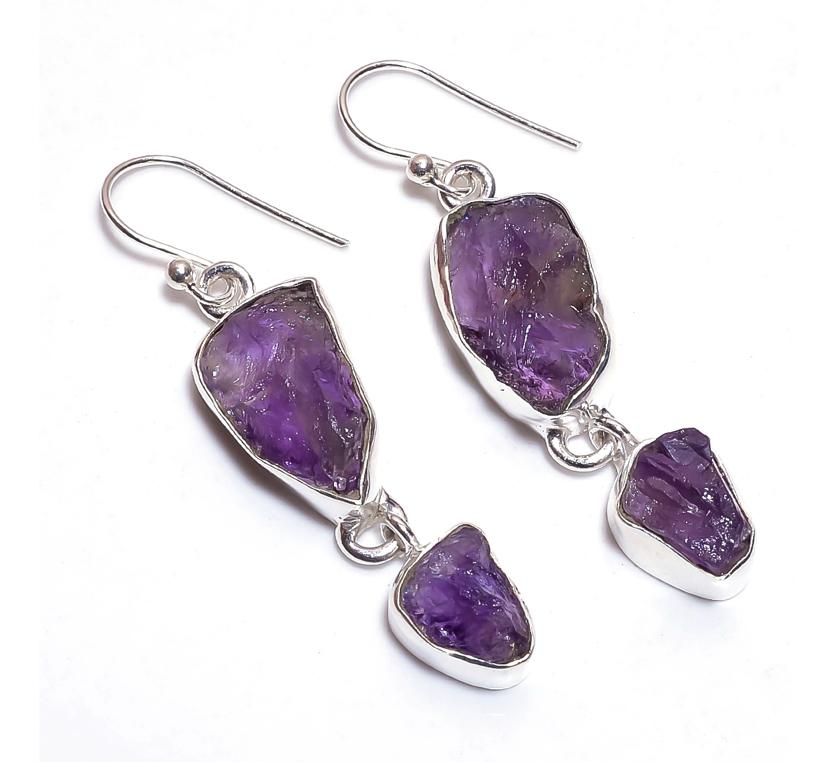 Silver Earring Double Drop Amethyst