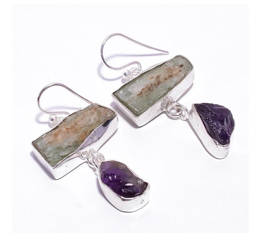 Silver Earring Double Drop Green Kyanite & Amethyst