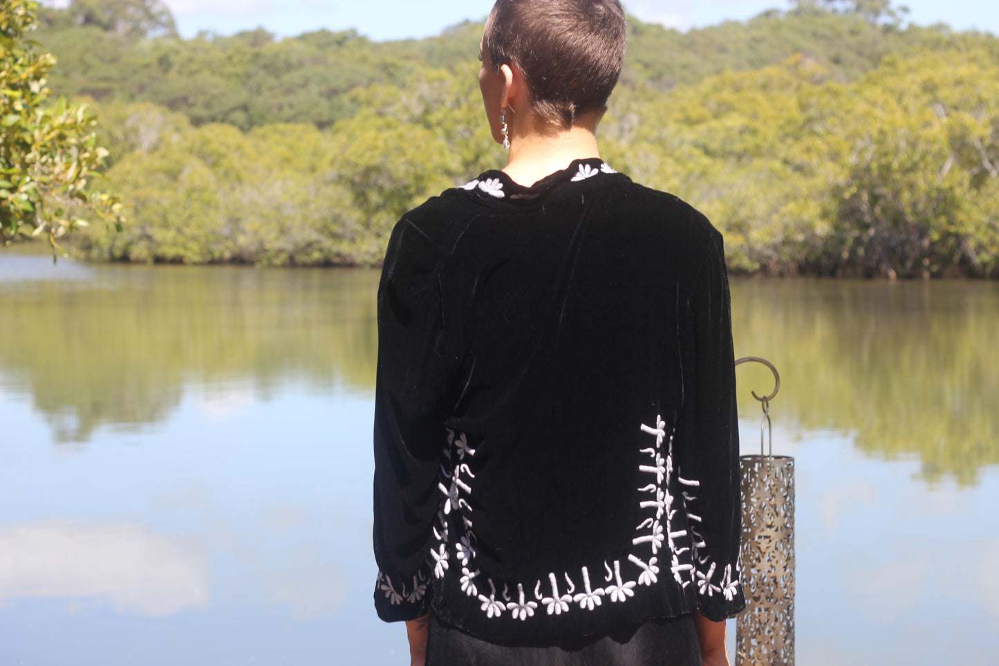 Black silk velvet jacket with off white stitching