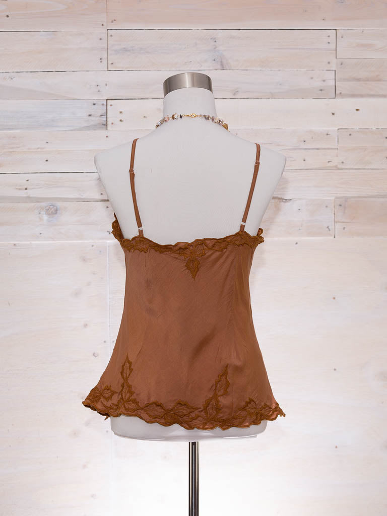 Rear view of camel silk cami with embroidery