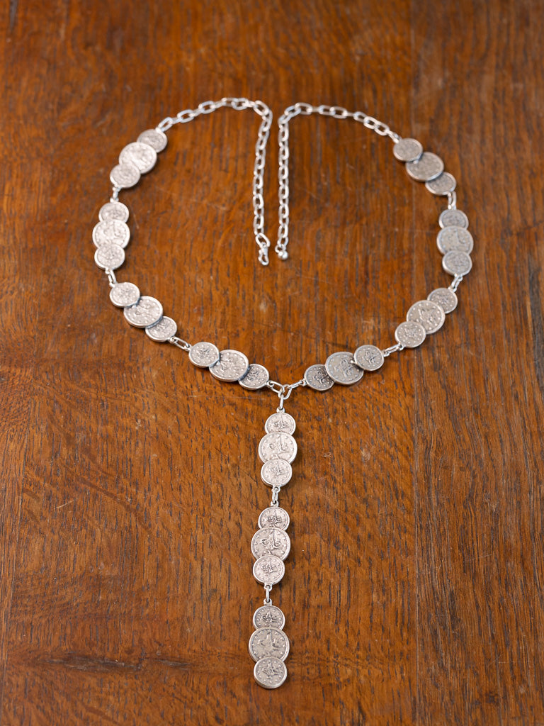 Madeni Necklace - trios of coins joined by chain with a long drop