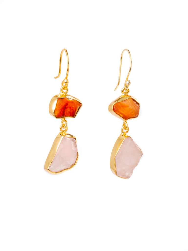 double drop gold hook earrings with Carnelian and rose quartz crystal