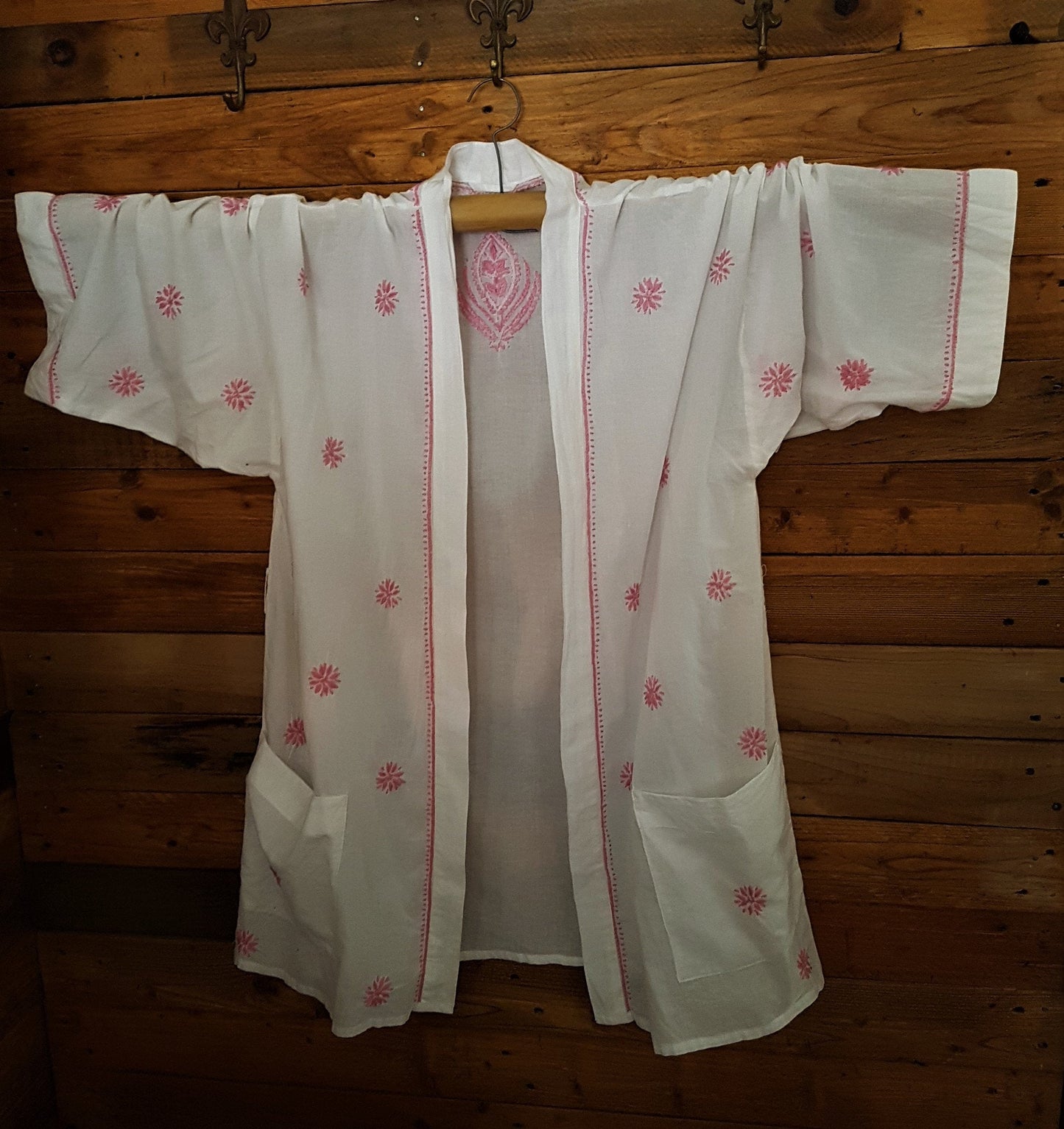 White cotton gown with pink chickan embroidery