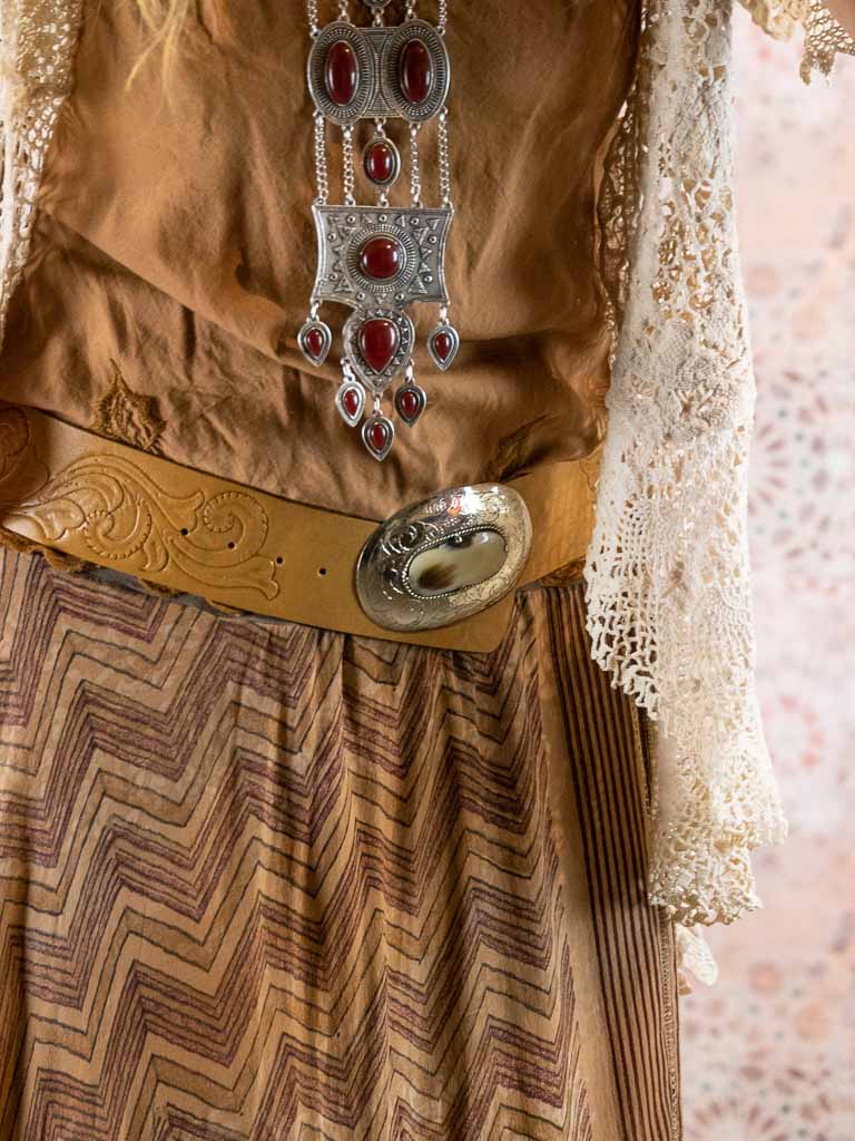 Scroll Hand Tooled Belt Wide Bone Buckle