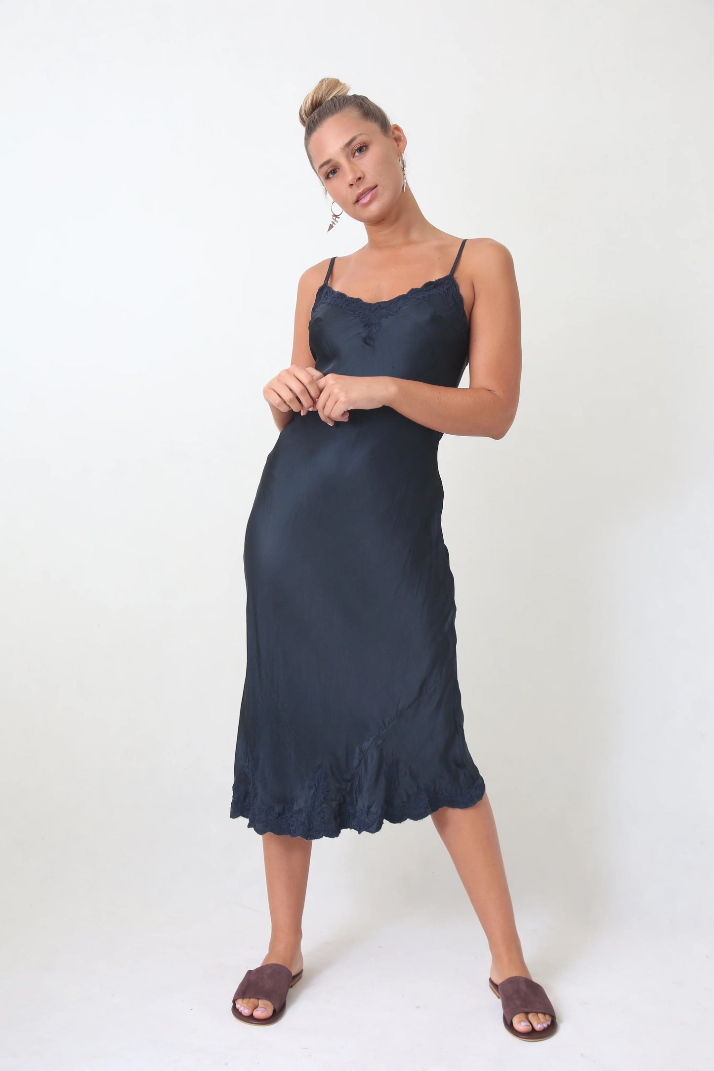 Marilyn Silk Satin Luxe Long Slip Indigo