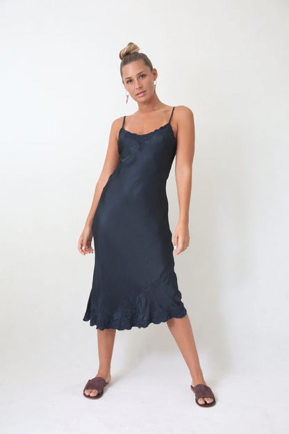 Marilyn Silk Satin Luxe Long Slip Indigo
