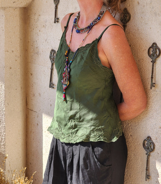 Luxe Embroidered Cami - Dark Olive