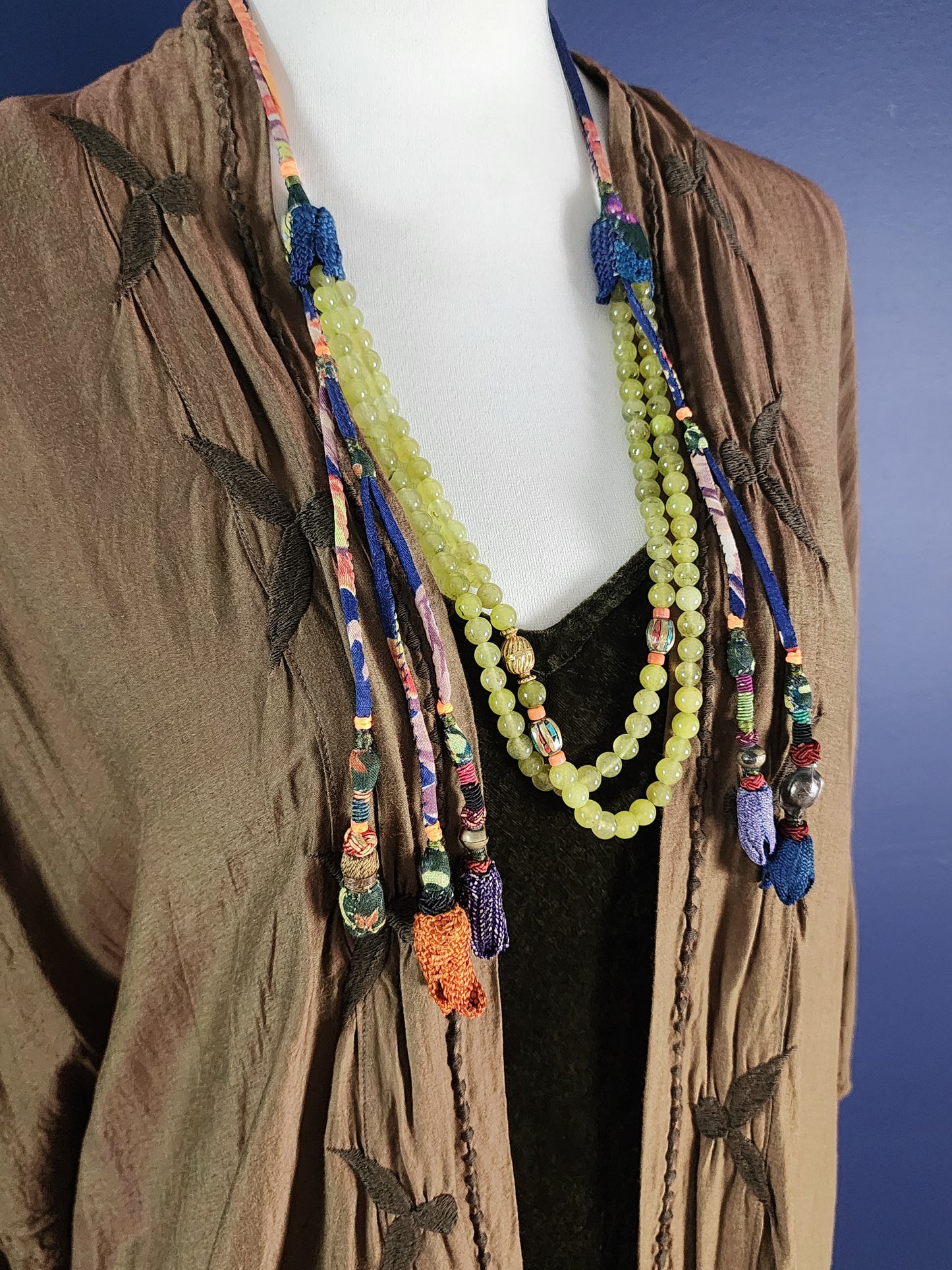 Moss Agate and fabric Necklace