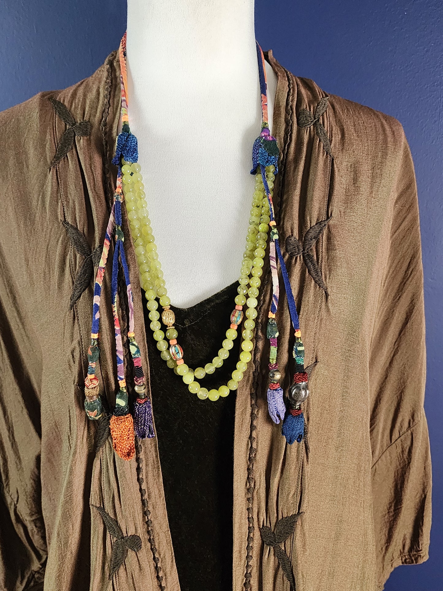 Moss Agate and fabric Necklace
