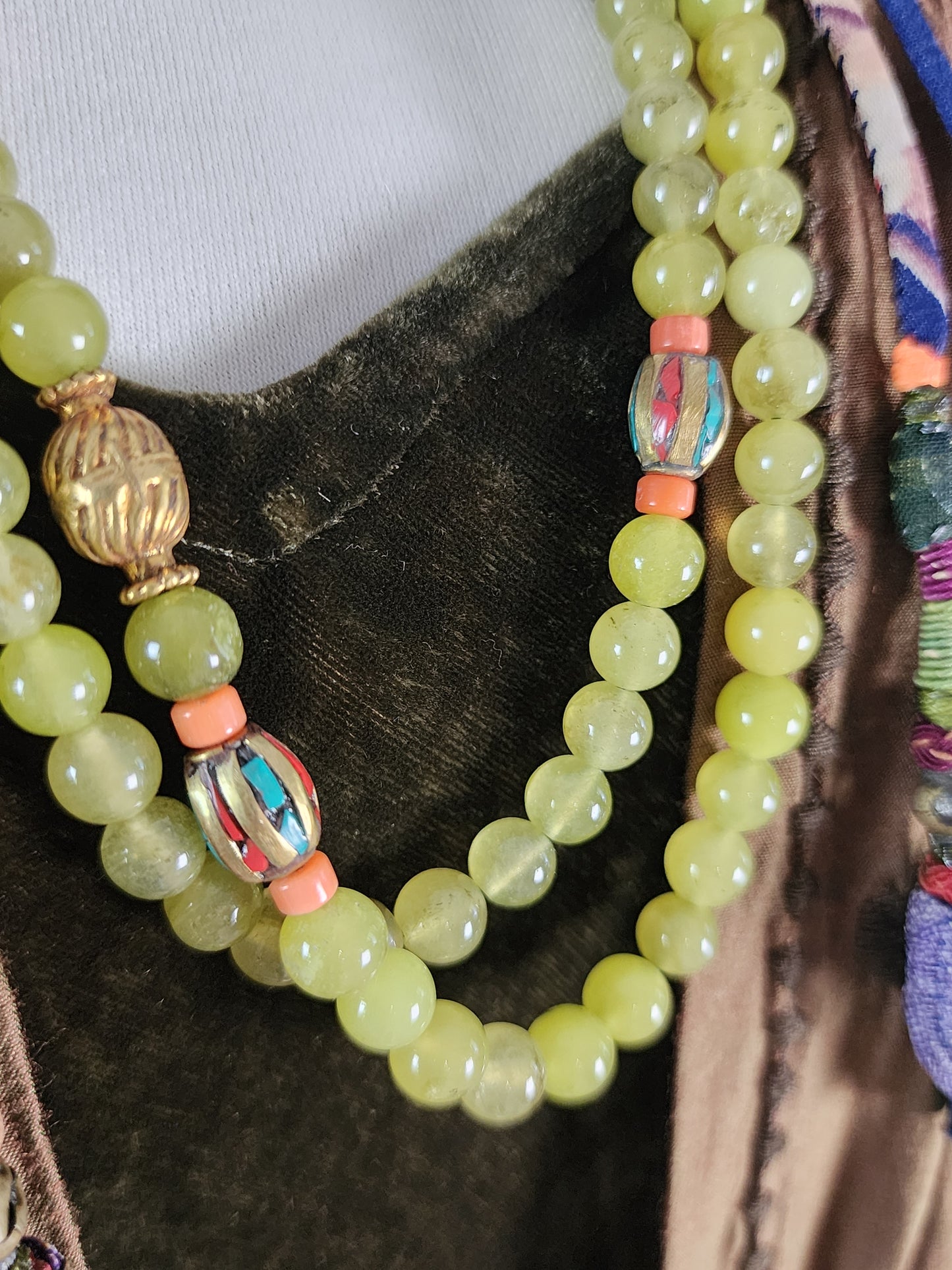Moss Agate and fabric Necklace