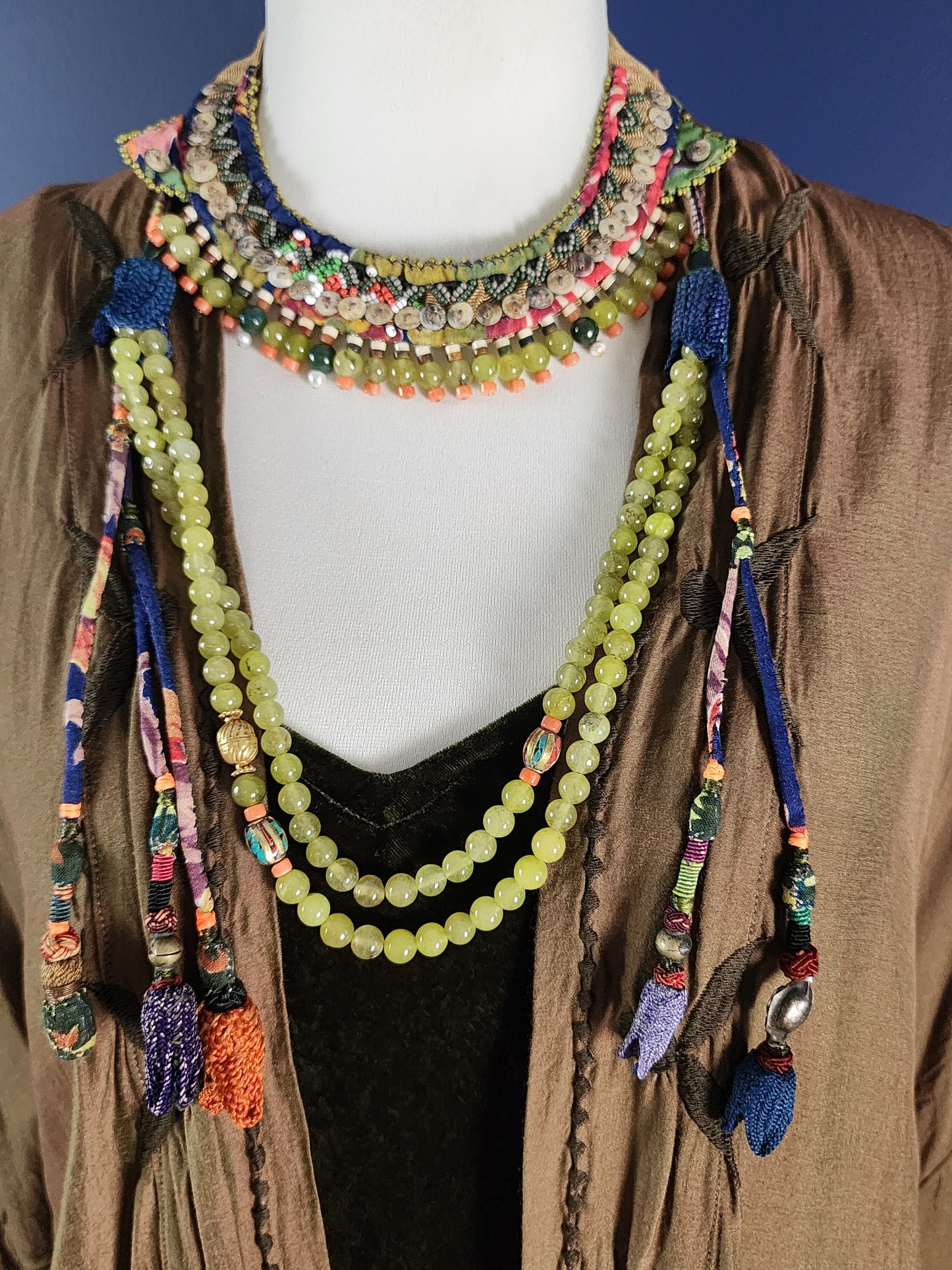 Moss Agate and fabric Necklace