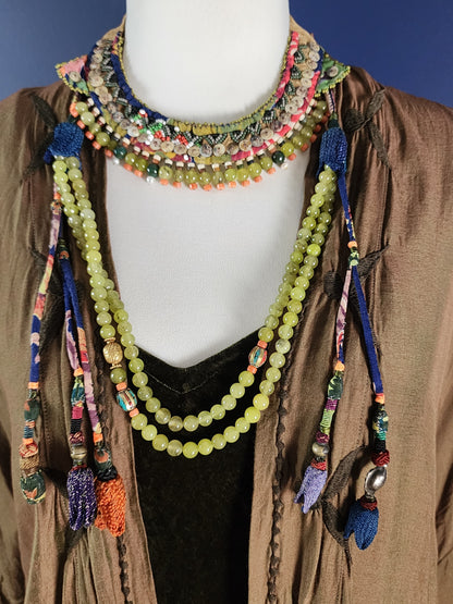 Moss Agate and fabric Necklace