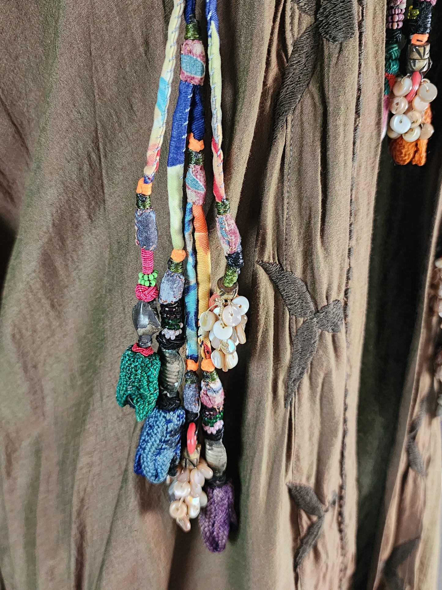Fabric Lasso Necklace with shell button tassels