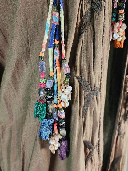 Fabric Lasso Necklace with shell button tassels