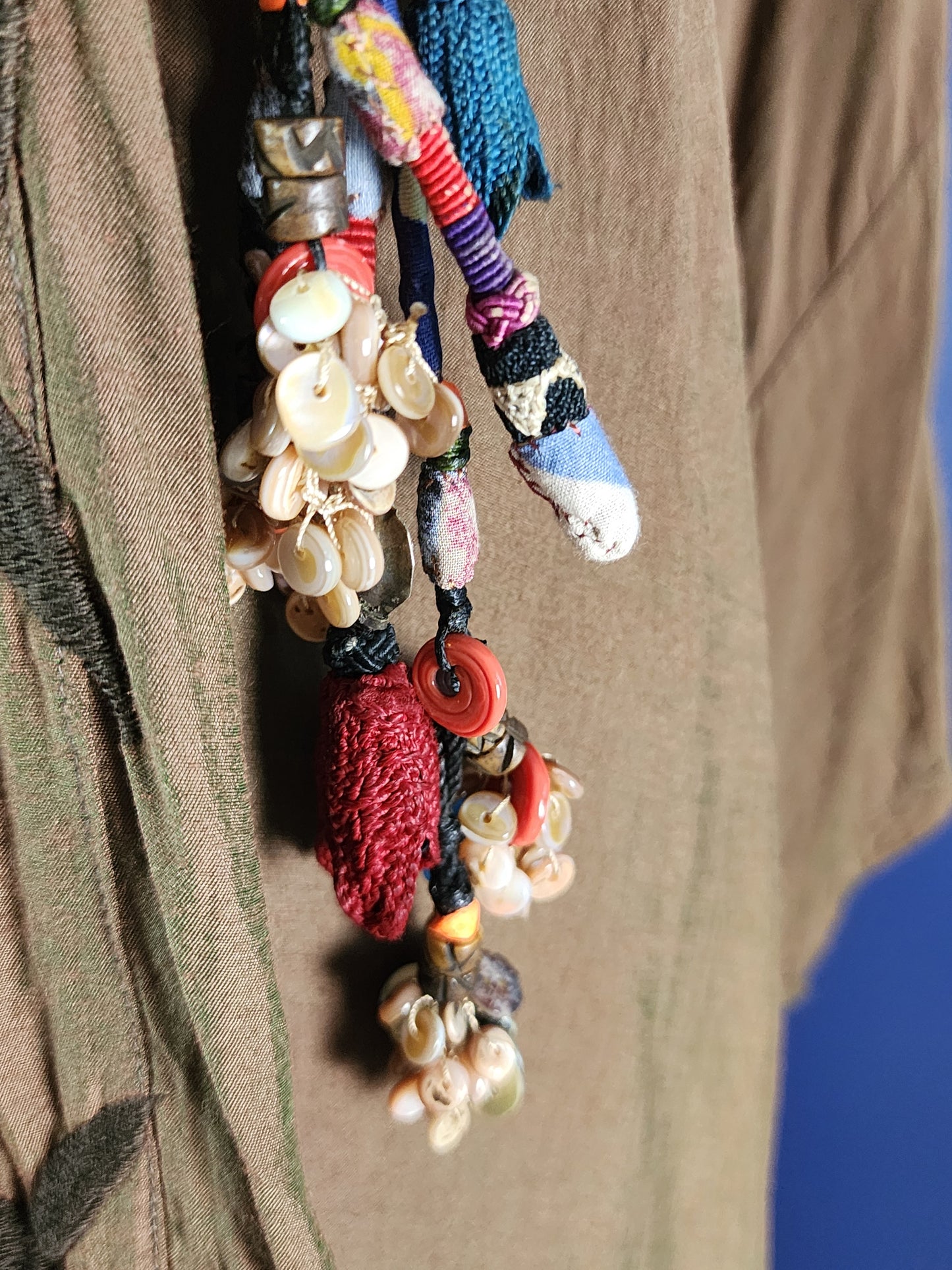Fabric Lasso Necklace with shell button tassels