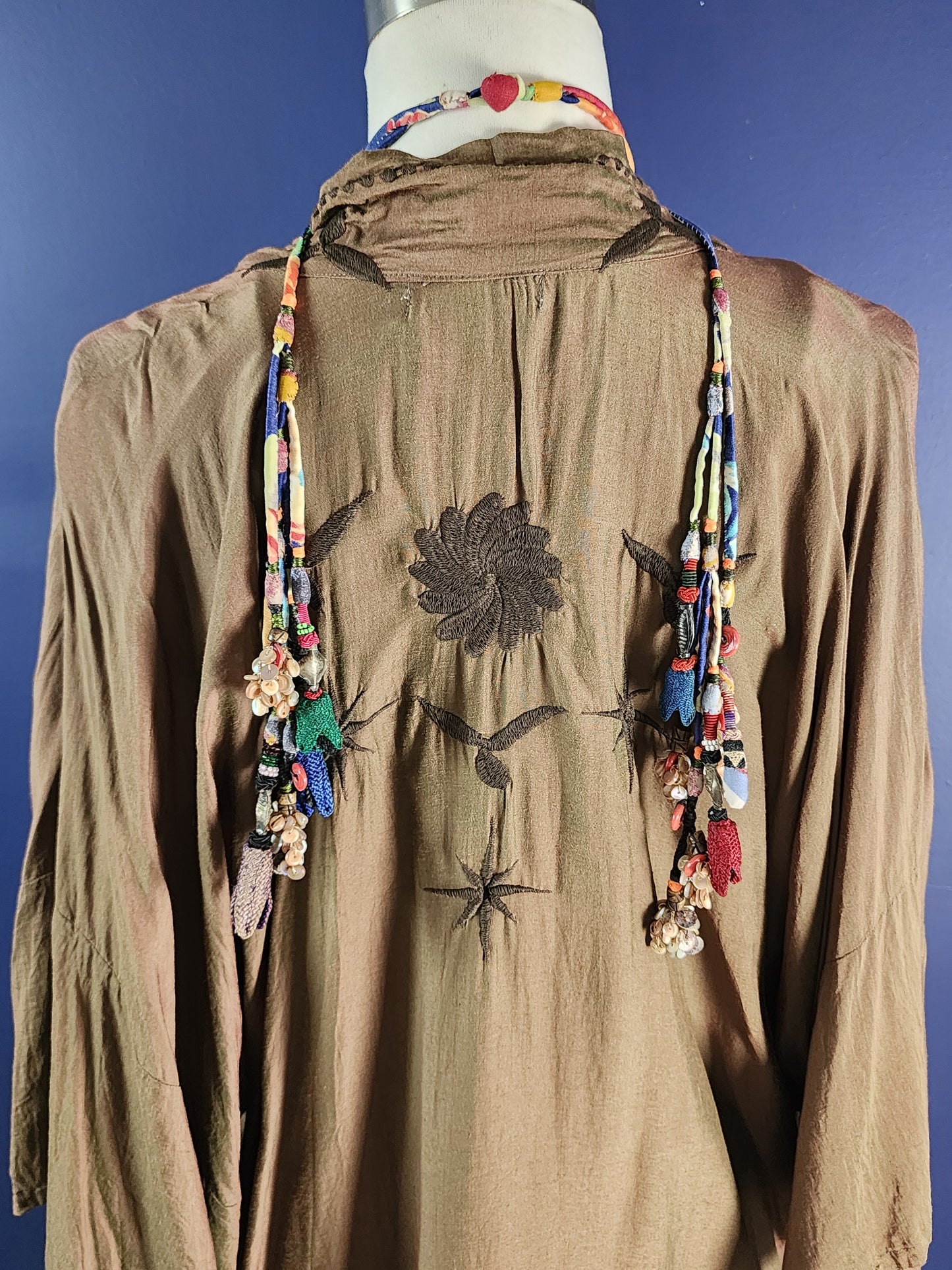 Fabric Lasso Necklace with shell button tassels