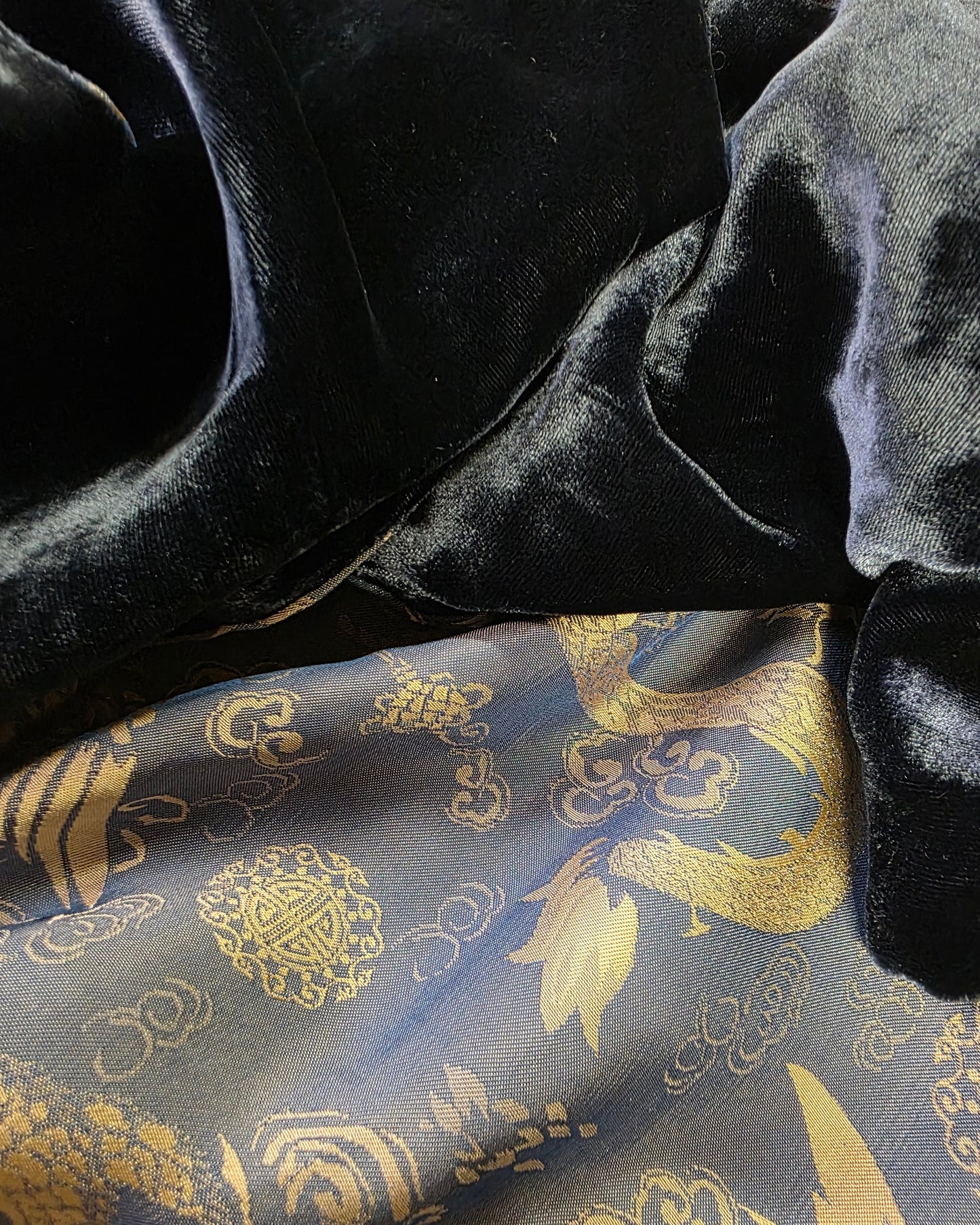 Navy blue velvet and silk printed fabric
