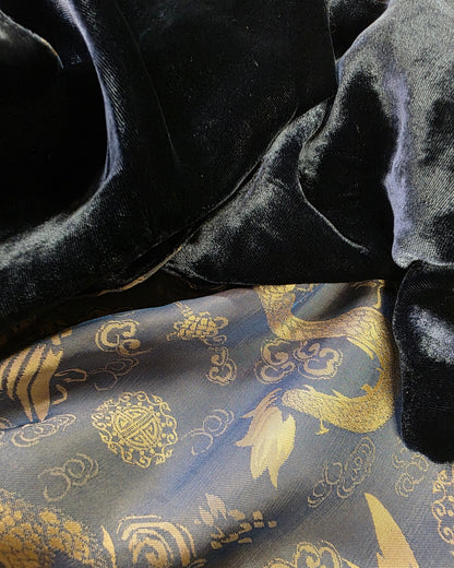 Navy blue velvet and silk printed fabric
