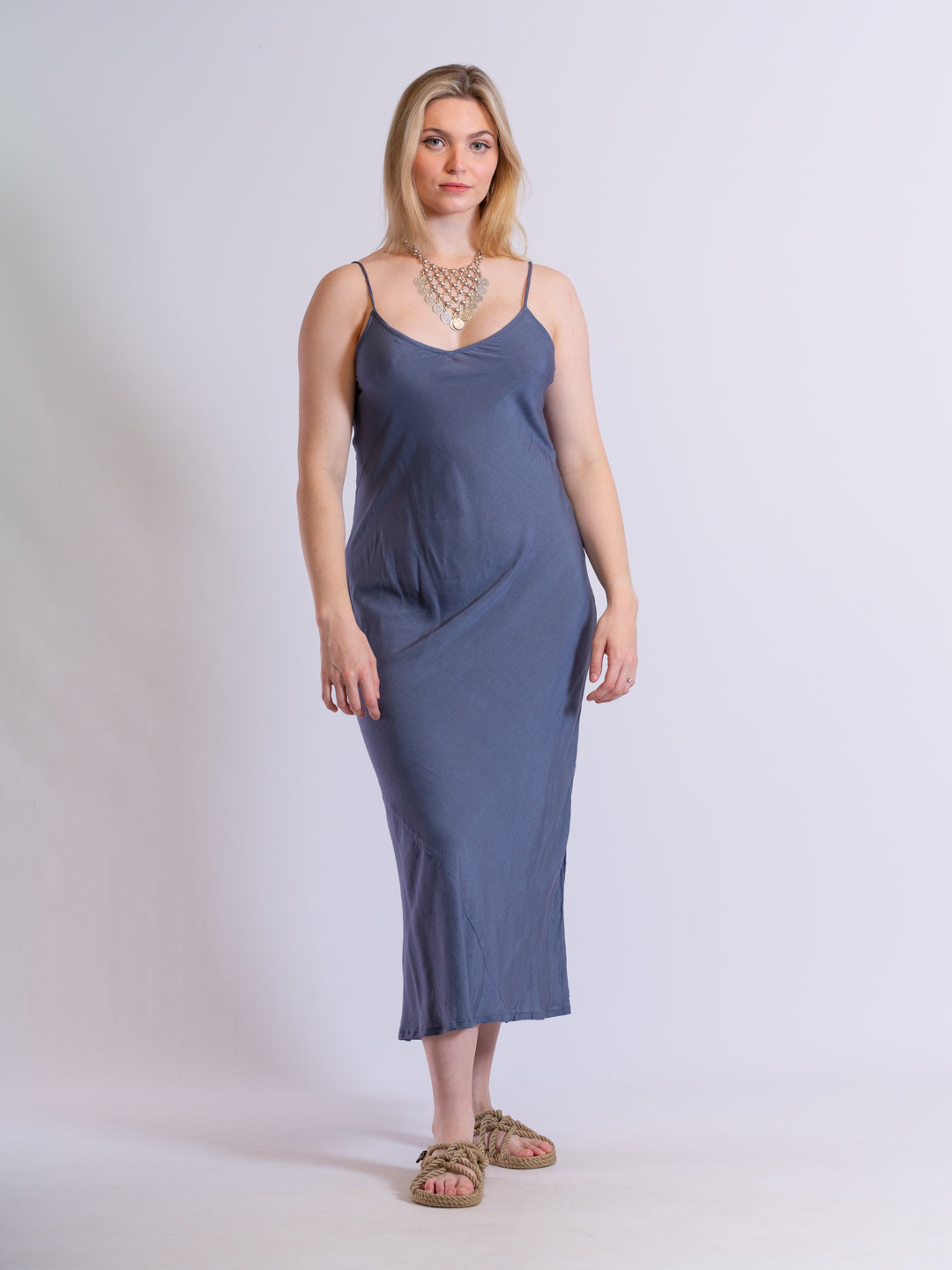 Marilyn Silk Linen Slip Maxi Blue Steel