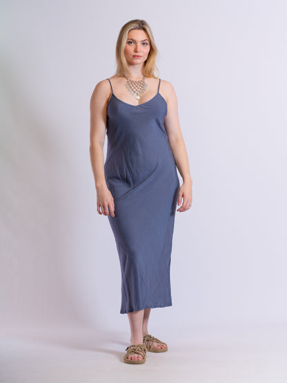 Marilyn Silk Linen Slip Maxi Blue Steel