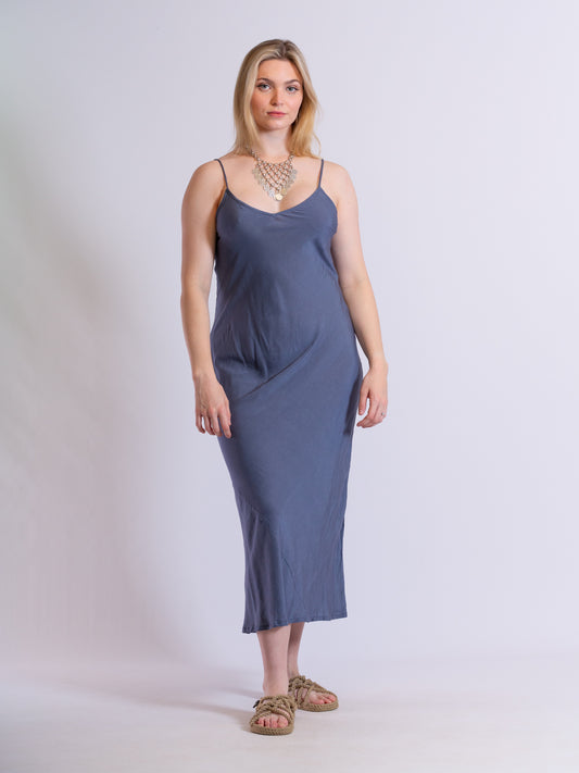 Marilyn Silk Linen Slip Maxi Blue Steel
