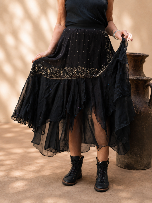 Silk & Sheer Tiered Ruffle Skirt "Paisley Gala"