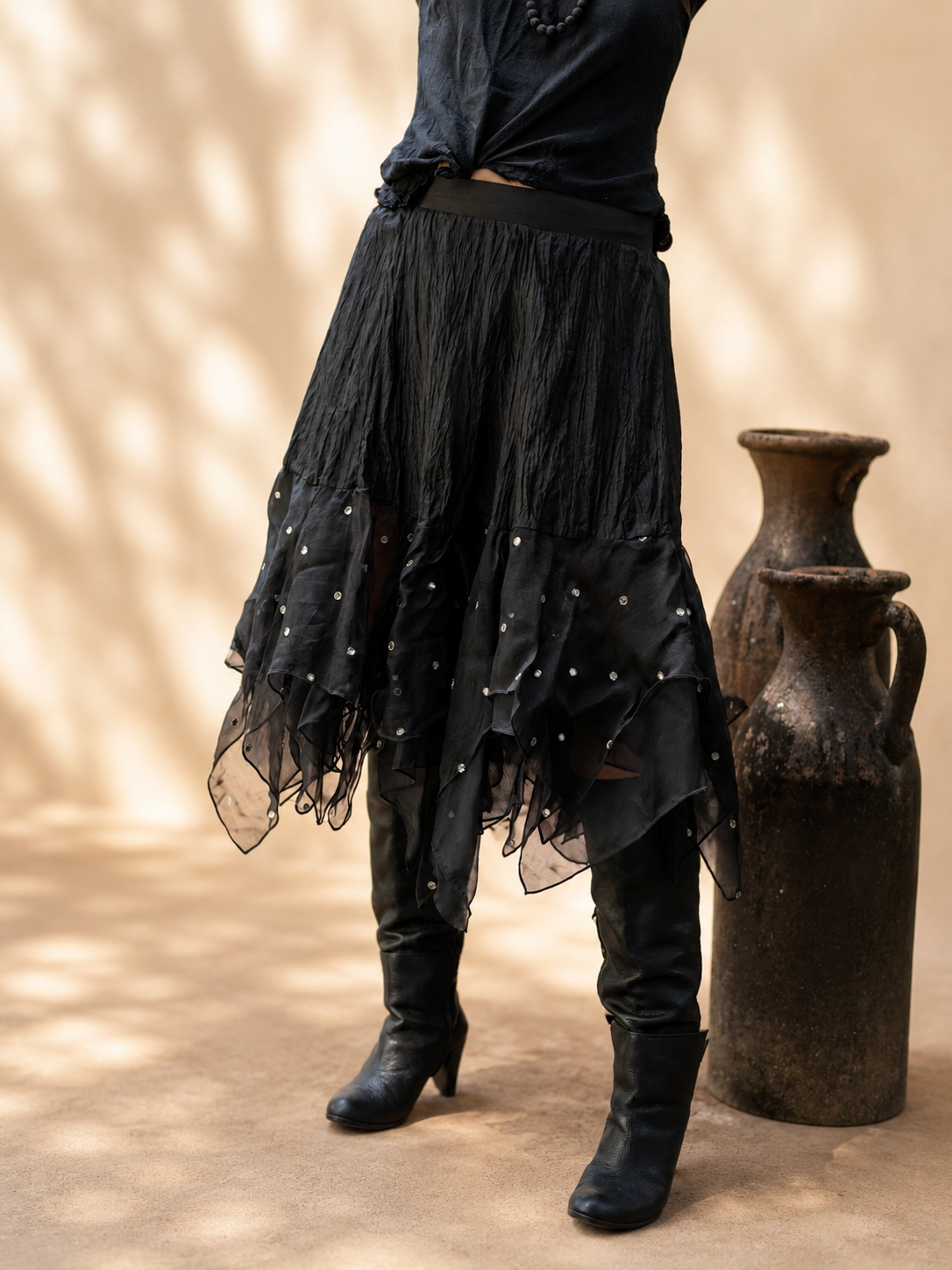 Silk & Sheer Tiered Ruffle Skirt "Dotty Reveller"