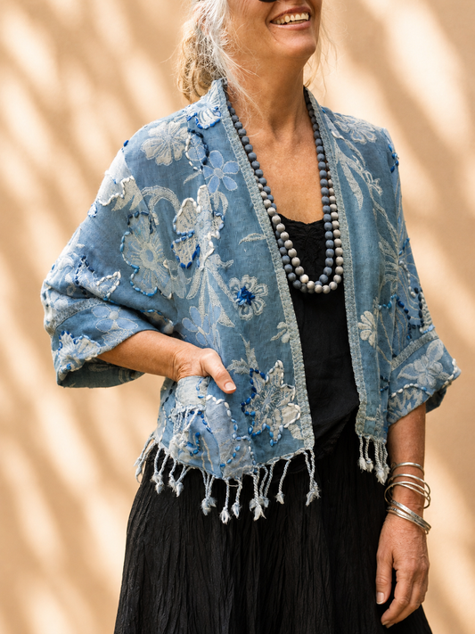 Kashmiri soft fringed wool jacket. Blue Blossom Size 14