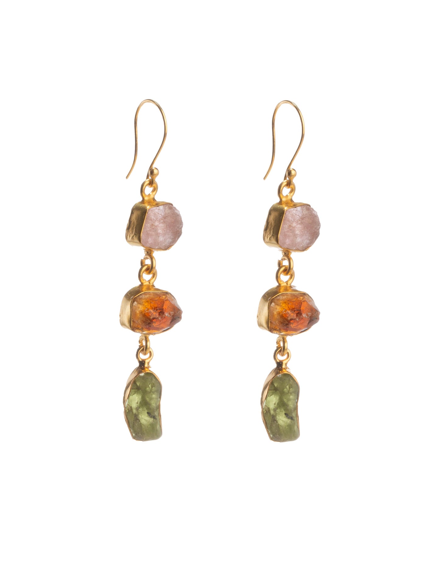Gold Luxe earrings - triple drop gems  rose quartz, citrine & peridot