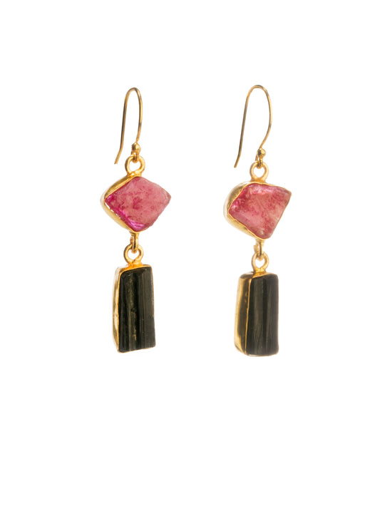 Gold Luxe earrings - ruby and tourmaline double drop dangles