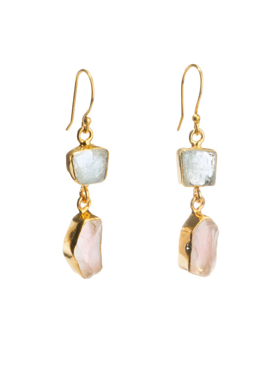Gold Luxe earrings - aqua marine and rose quartz double drop dangles