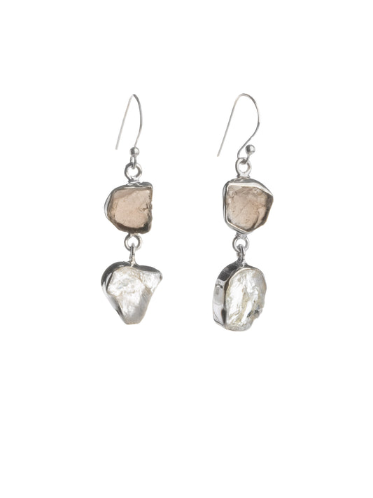 Silver Earring Smokey and Clear Quartz
