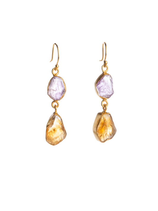 Gold Luxe earrings - amethyst and citrine double drop dangles