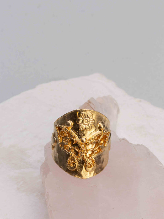 Butterfly Gold Ring - a wider ring with wired butterfly design on an adjustable band