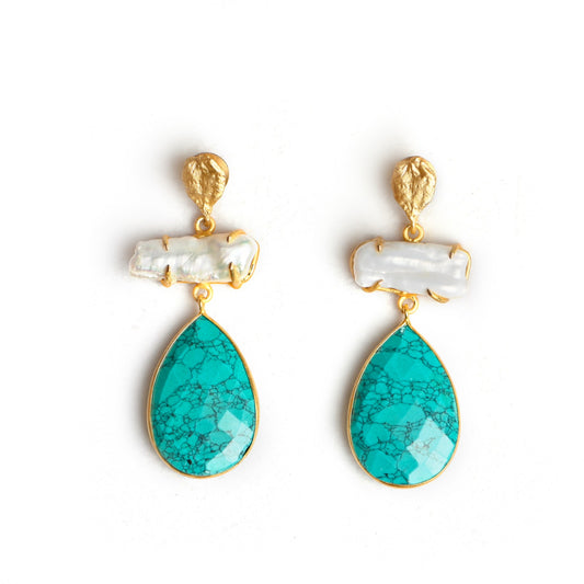 Gold Luxe Earrings Turquoise and  pearl.