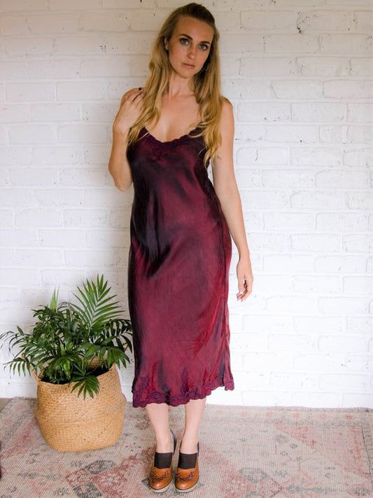 Silk Satin Luxe Embroidered Long Slip Brick/Deep Wine